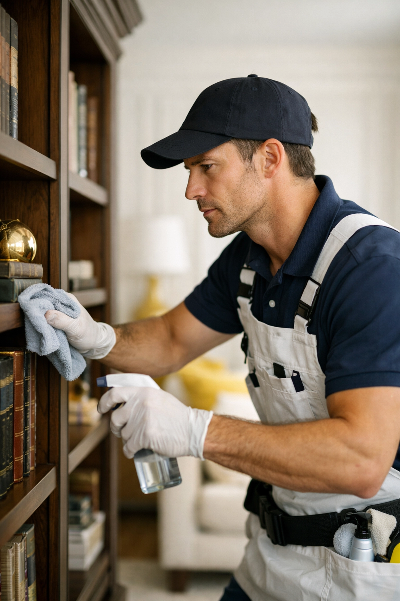 Professional cleaner in uniform performing detailed maid services in a sunny Worcester MA residential study.