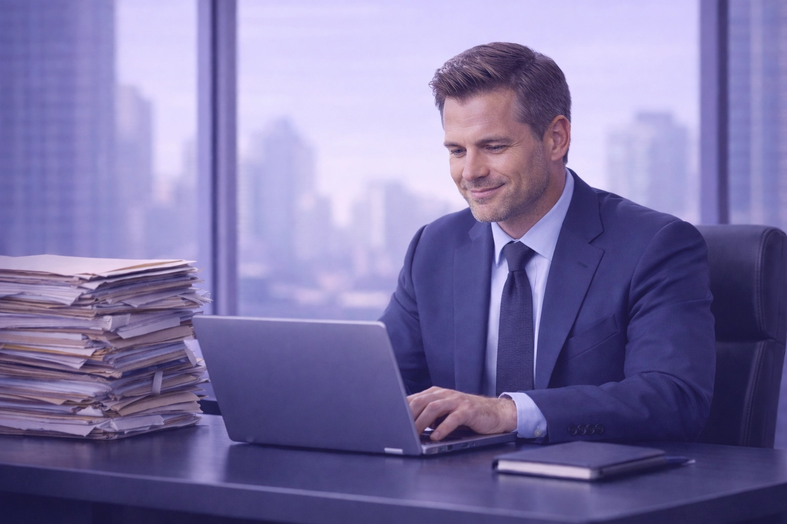 Attorney working on a laptop in a modern office, transitioning from paper files to AI-driven legal workflows.