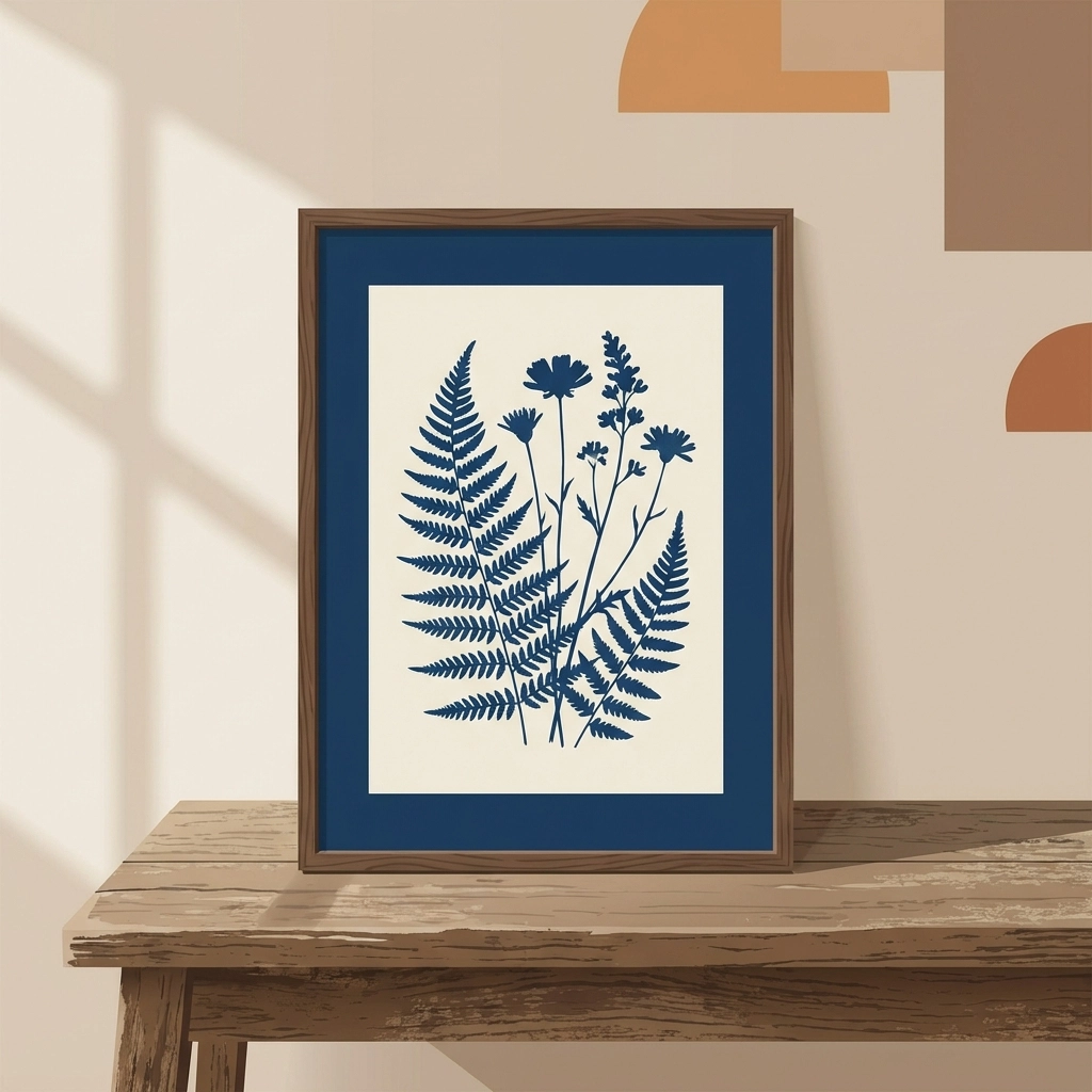 Cyanotype print with fern and wildflower silhouettes in deep blue on white paper, displayed on a rustic table