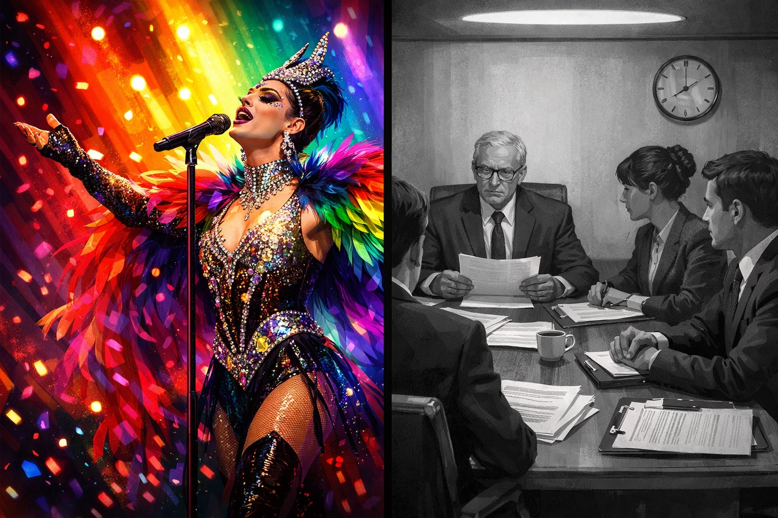 Eurovision performer contrasted with bureaucratic meeting room symbolizing pride flag ban controversy