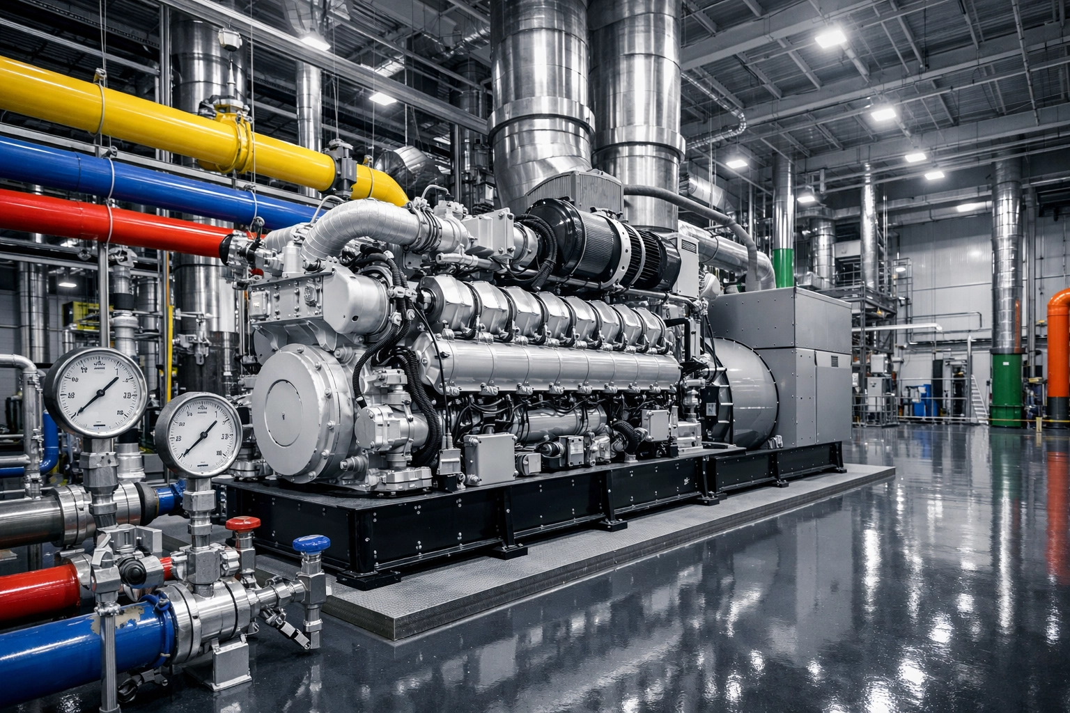 Modern natural gas generator with industrial piping for cost-effective facility standby power.