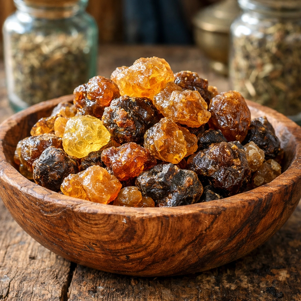 Raw Asafoetida resin (الحلتيت) in a wooden bowl for فوائد الحلتيت and traditional medicine.