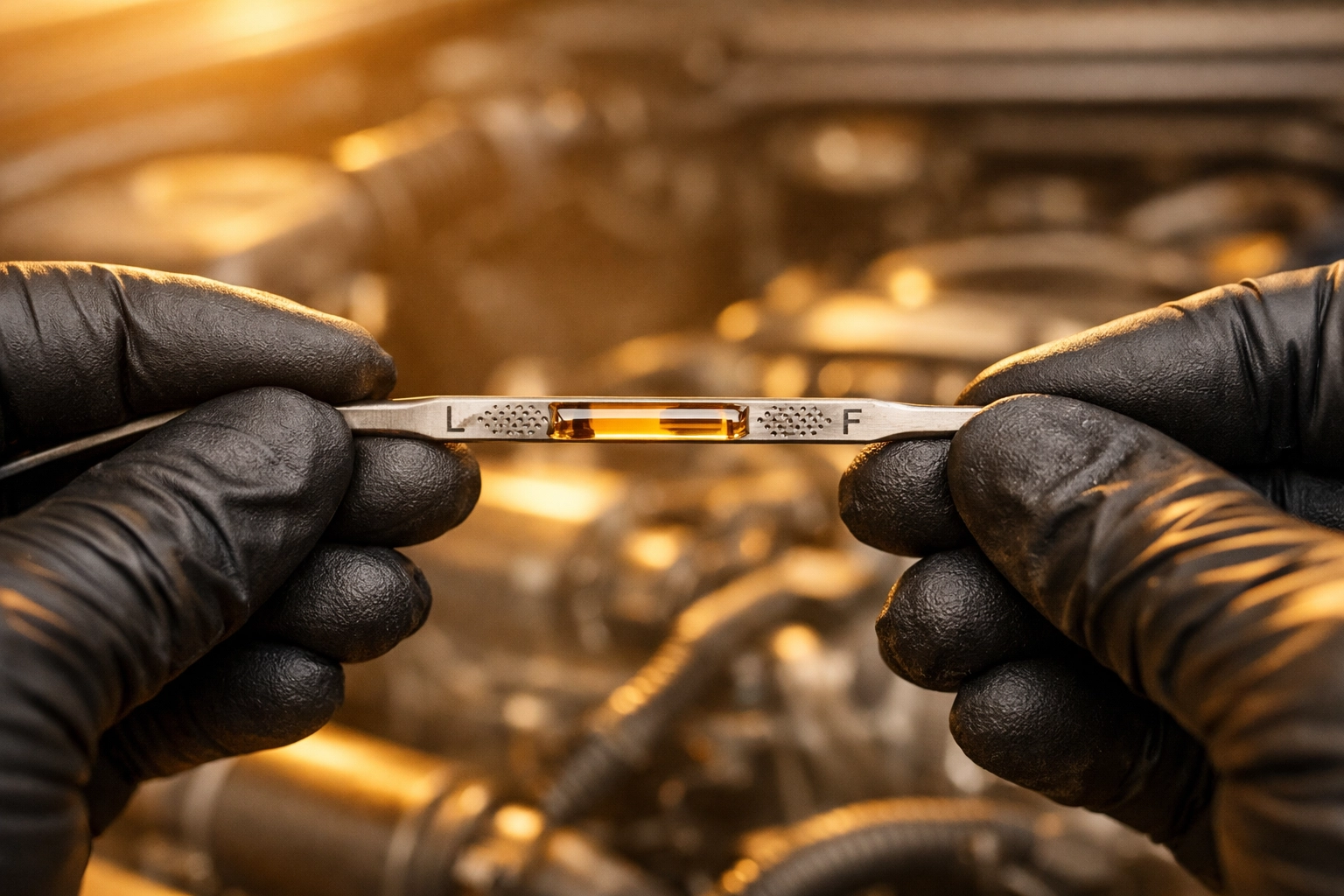 Mechanic checking the engine oil level with a dipstick after a car maintenance service.