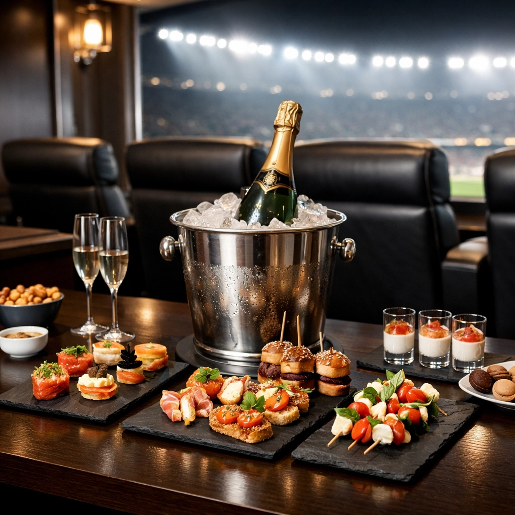 Premium champagne and catering in a private Super Bowl corporate box for VIP hospitality.