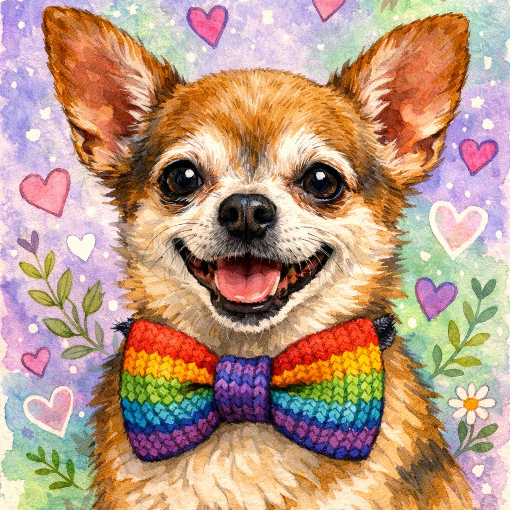 Senior Chihuahua in a bowtie, highlighting the longevity and health of rescued small dogs.