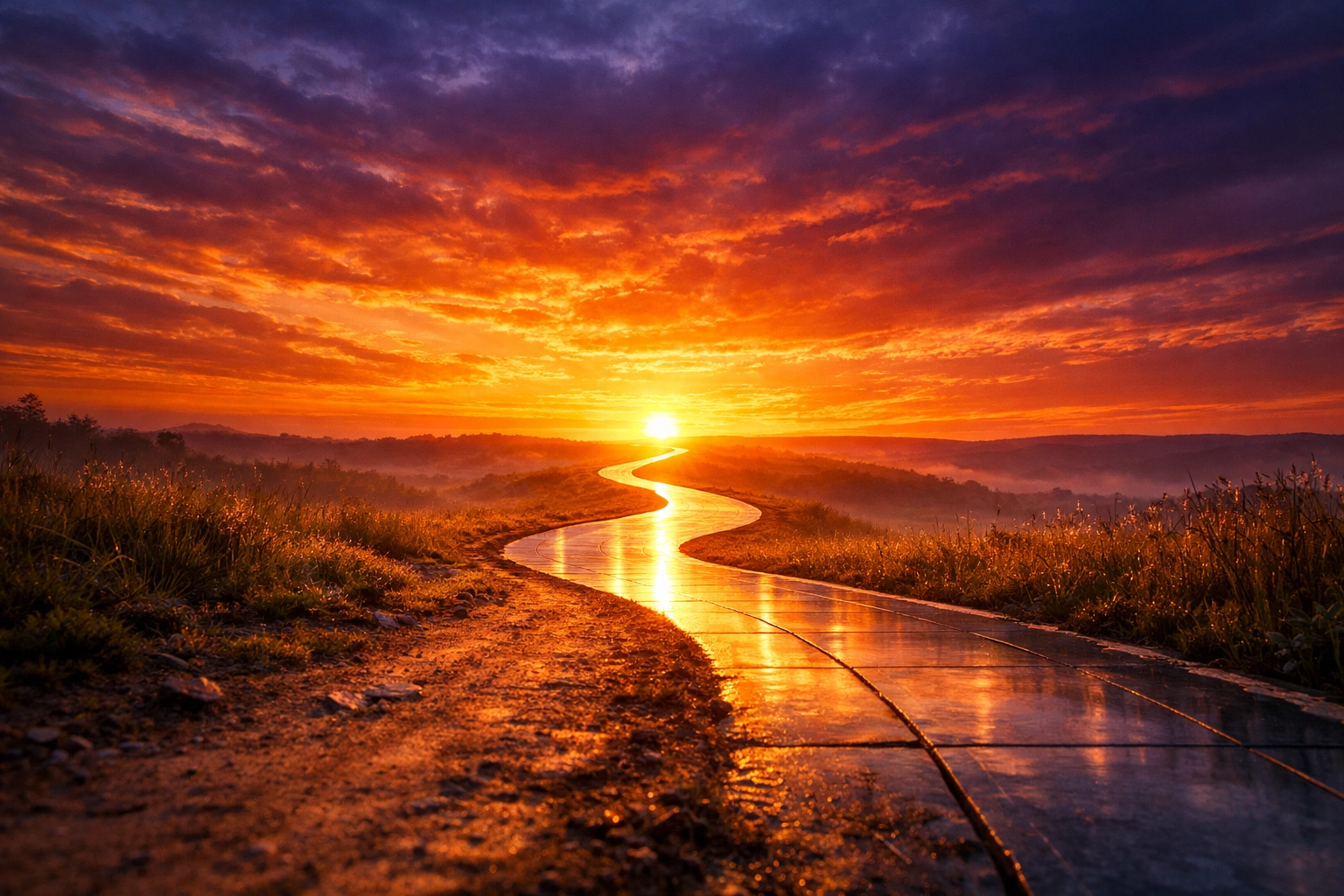 A winding path transitioning from dirt to stone at sunrise, symbolizing the long-term credit building journey.