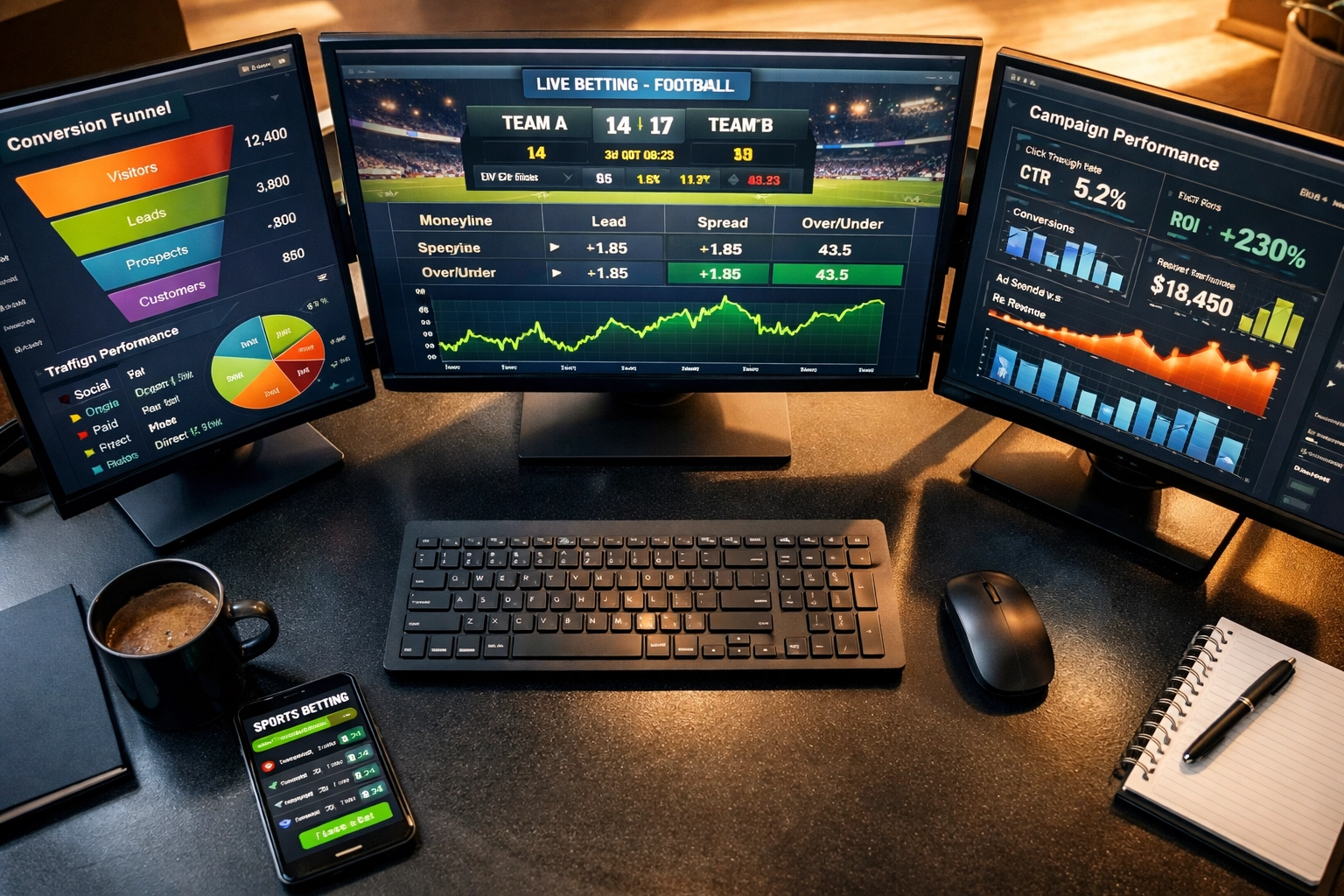 Sports betting performance marketing dashboard displaying real-time analytics and conversion metrics