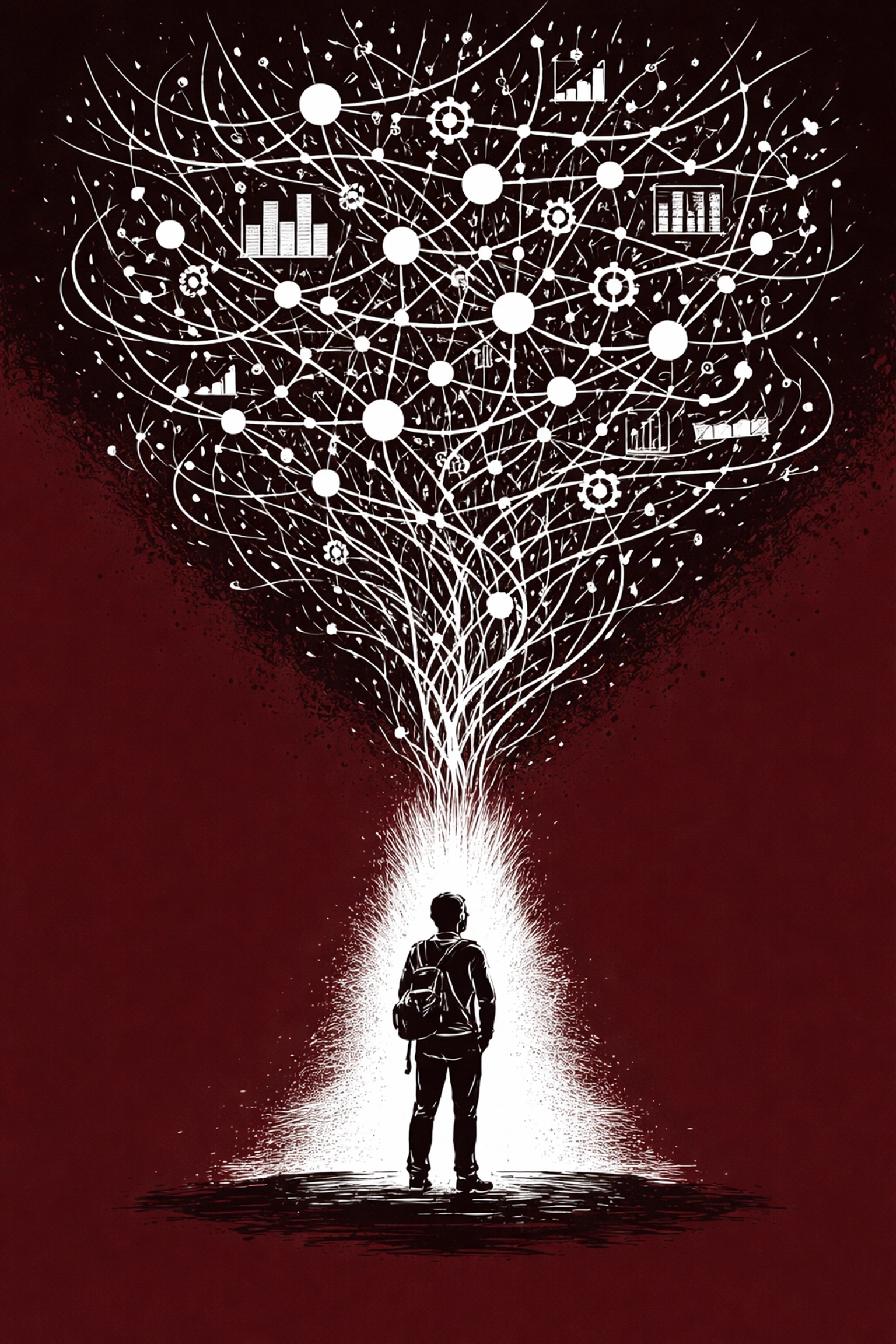 Sketch of a solitary creative professional facing a complex web of algorithms, symbolizing the challenge of digital noise in creative communities.