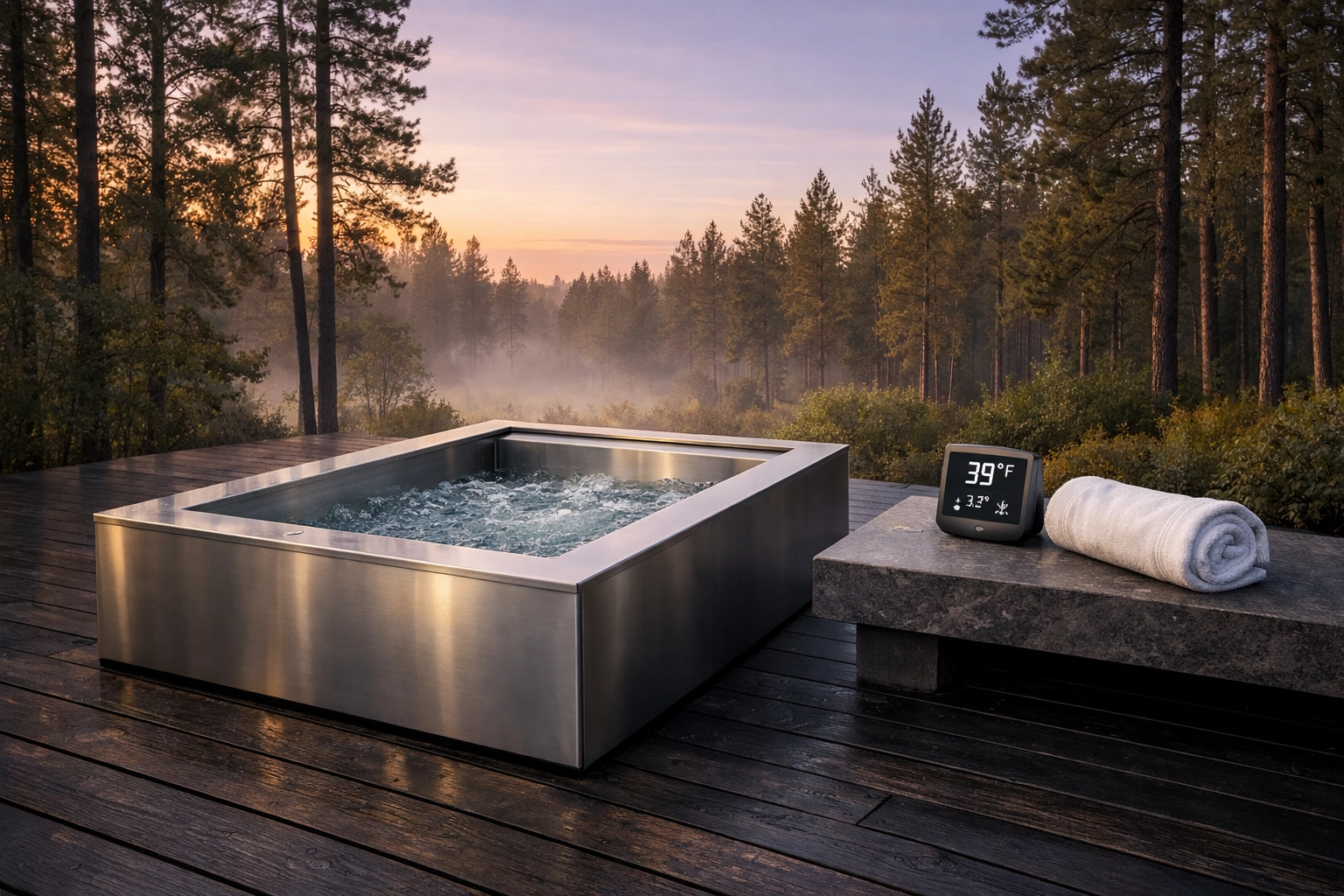 Modern outdoor cold plunge tub setup for professional biohacking and metabolic health.