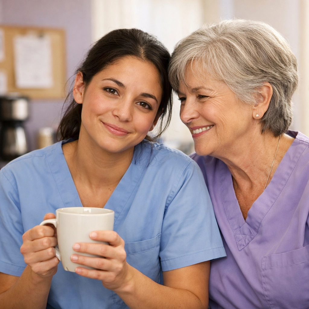 Assisted living caregivers in break room showing staff support and teamwork