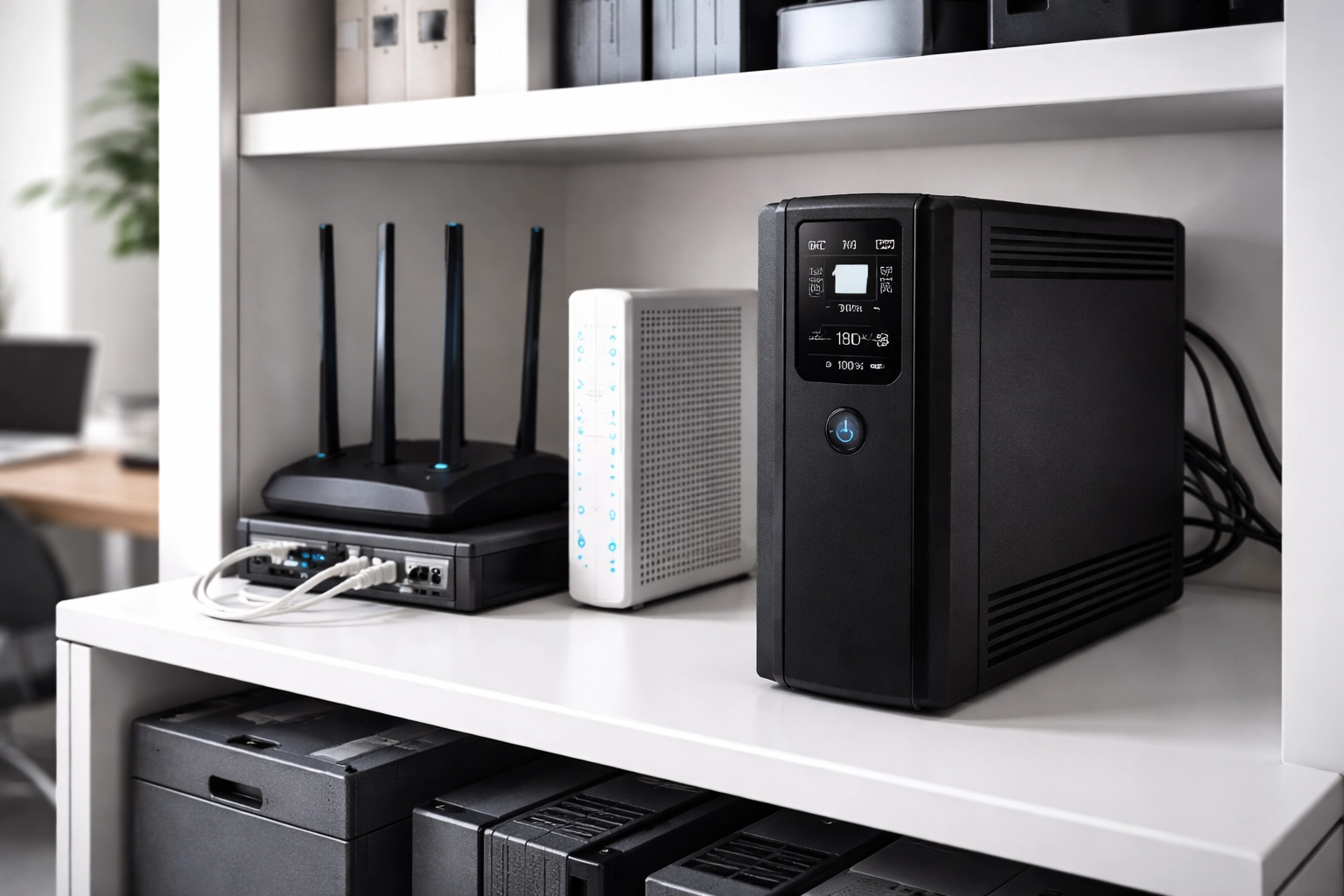 UPS battery backup powering home office network devices, ensuring smart home connectivity in outages