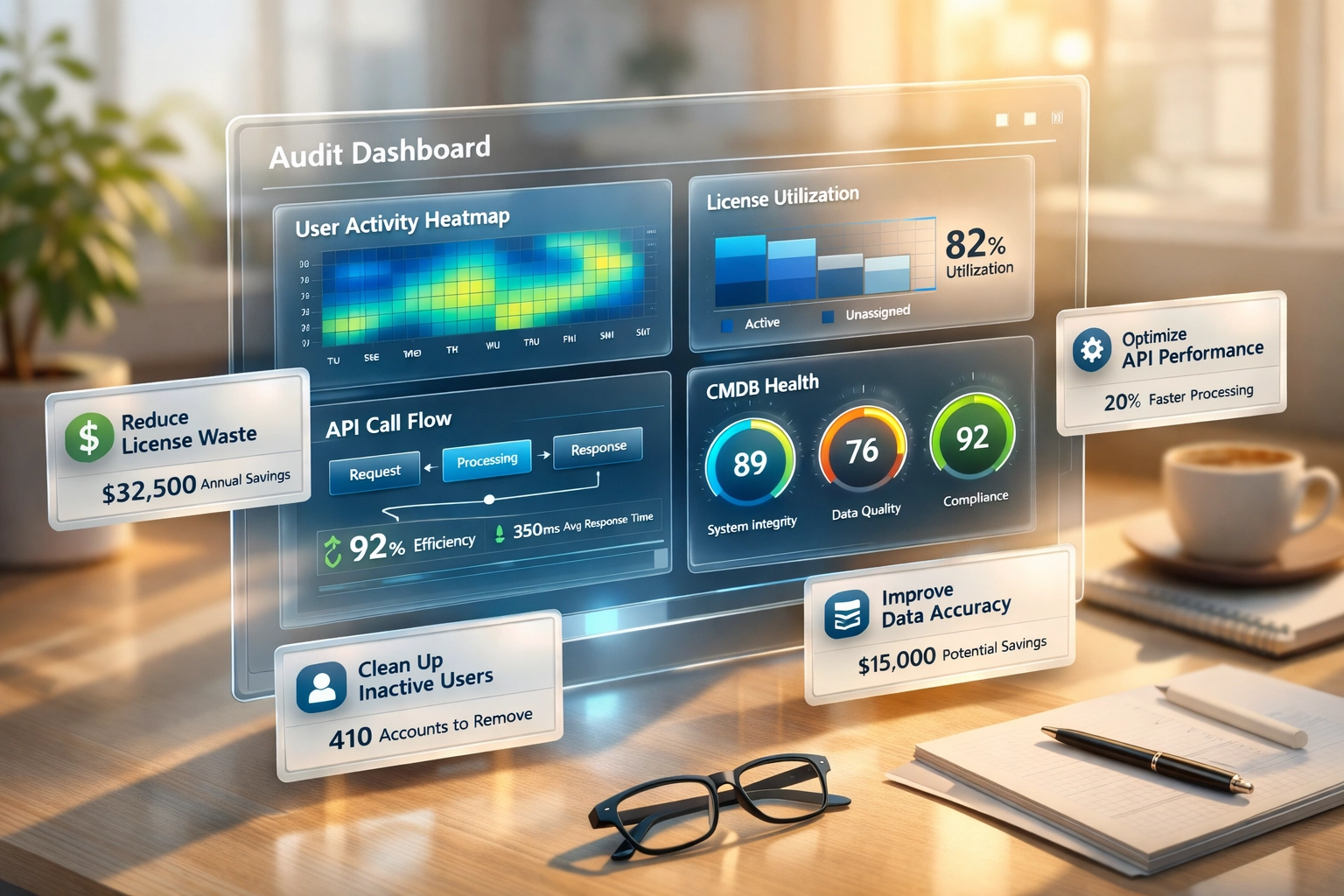 ServiceNow ROI audit dashboard revealing license optimization and workflow efficiency opportunities
