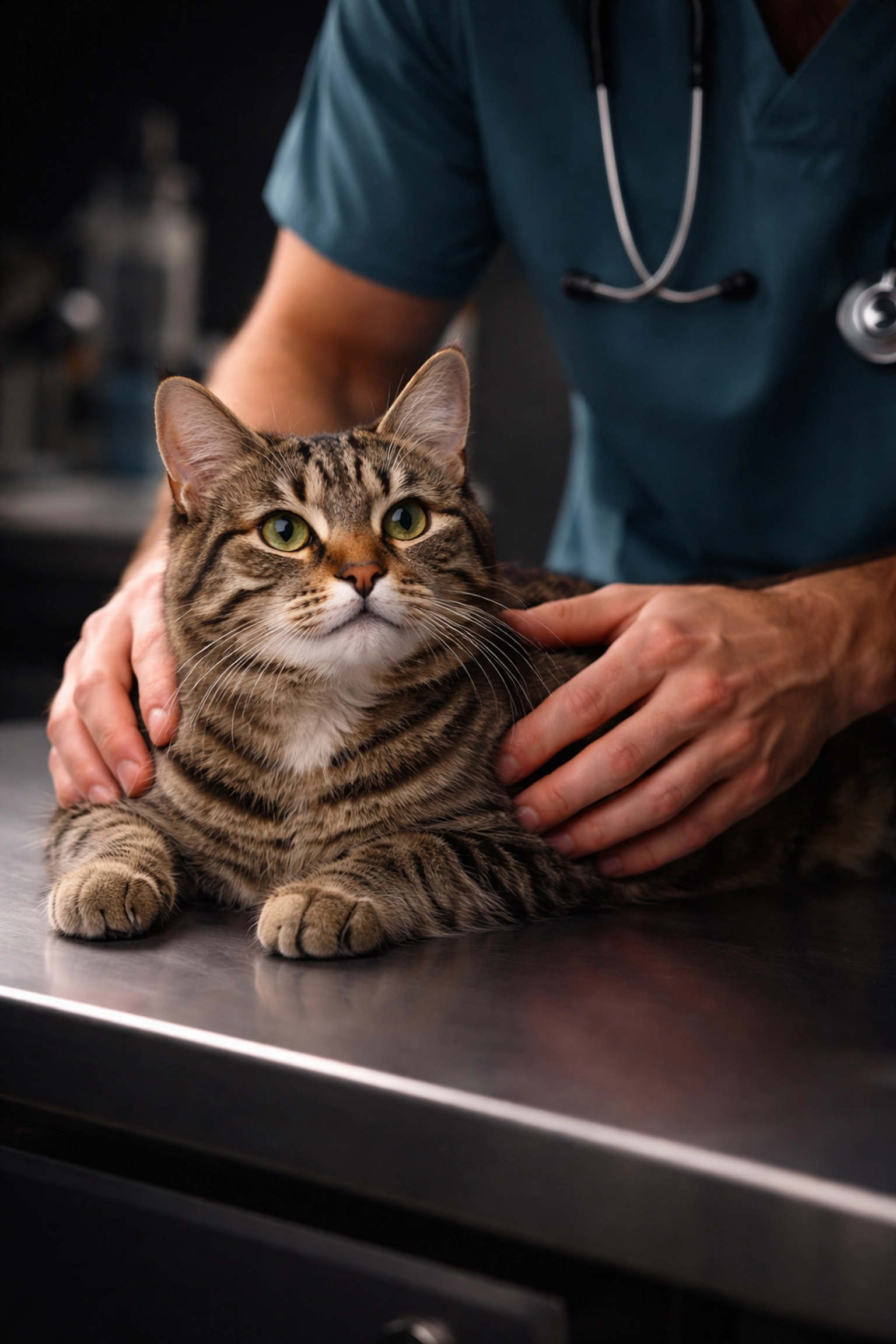 Veterinarian gently examining a relaxed tabby cat on a clean exam table, showcasing professional animal care in Brisbane.