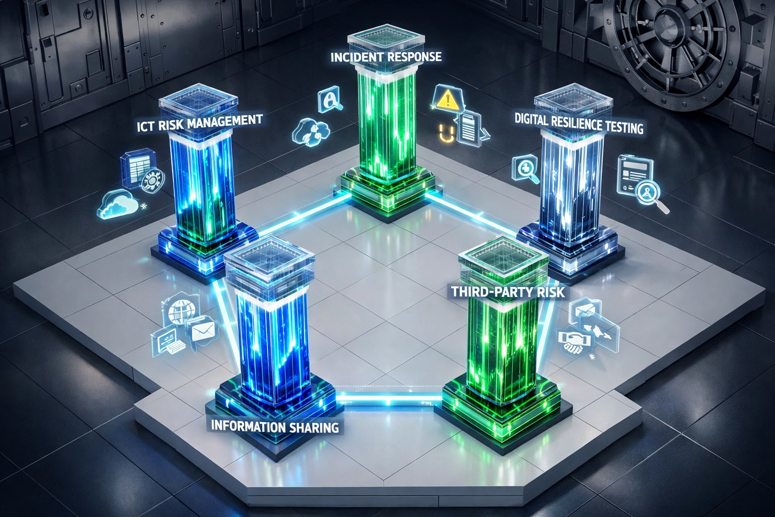 Five DORA compliance pillars integrated through ServiceNow GRC framework for EU financial institutions