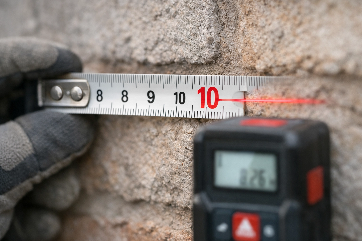 Präzises Aufmaß für Markisenmontage an Außenwand mit Messwerkzeug