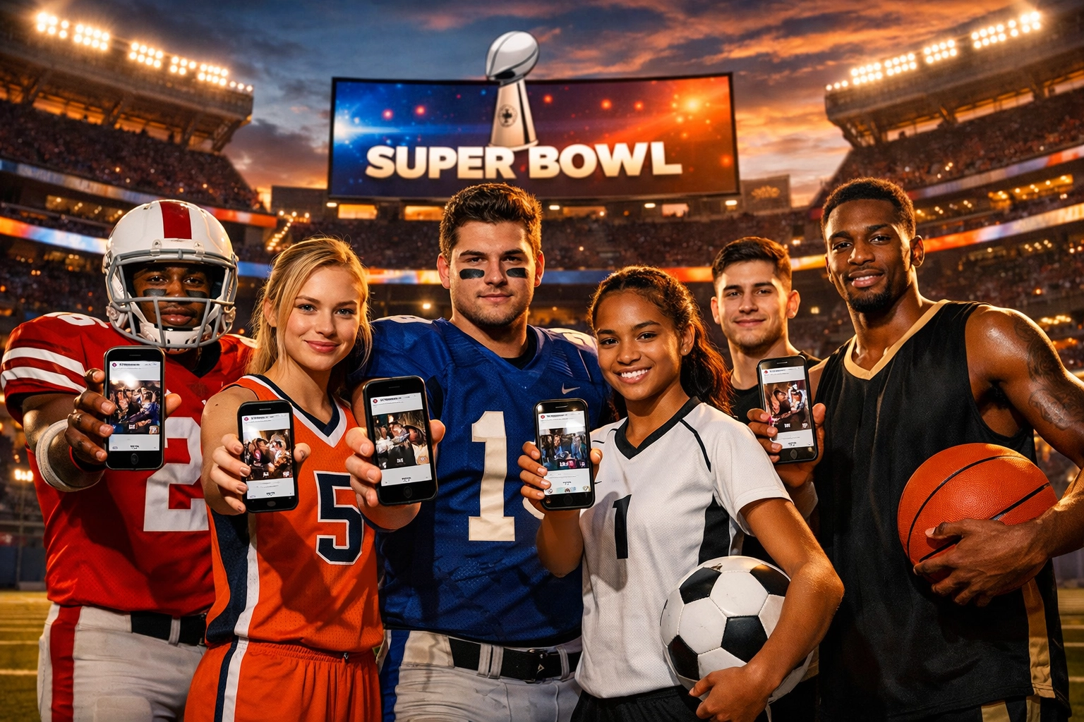 College student-athletes with smartphones promoting Super Bowl NIL brand partnerships in stadium