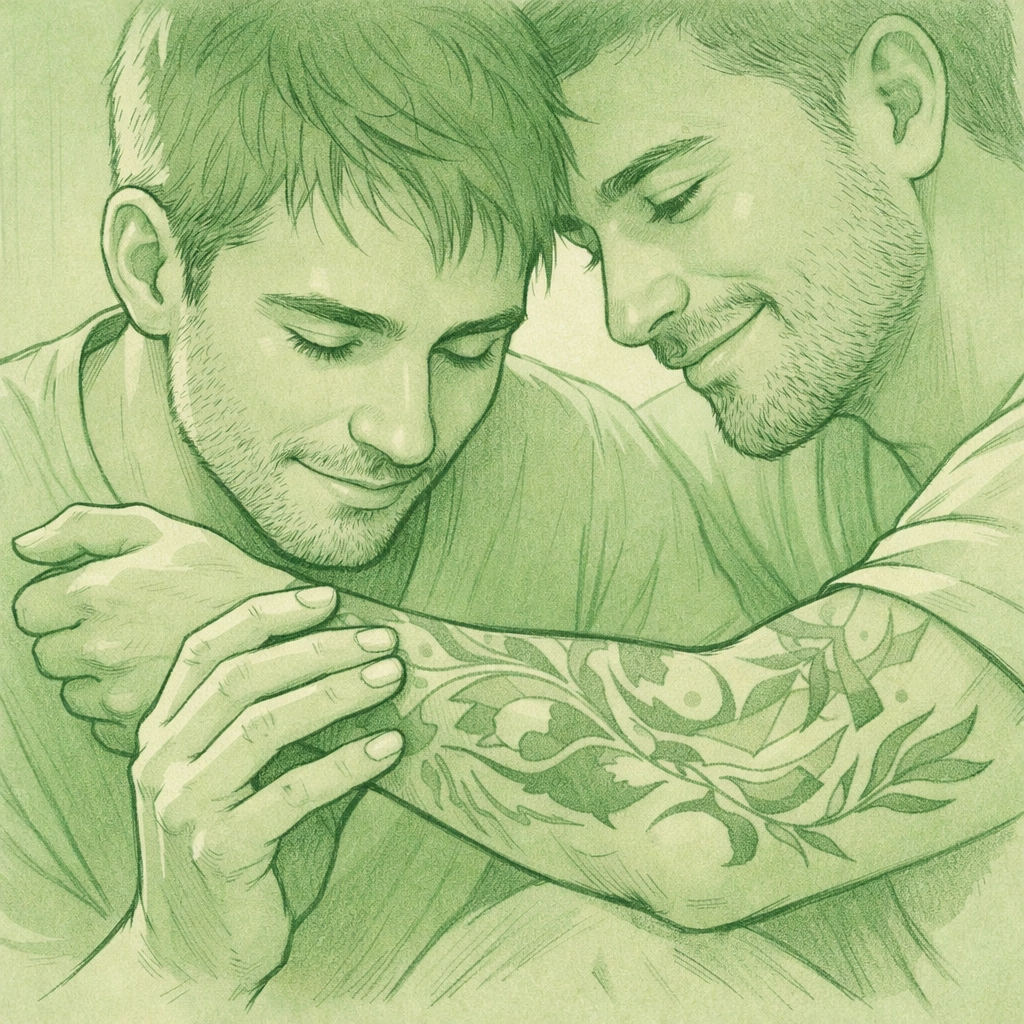 Gay partner admiring healed tattoo artwork on lover's arm with pride and affection