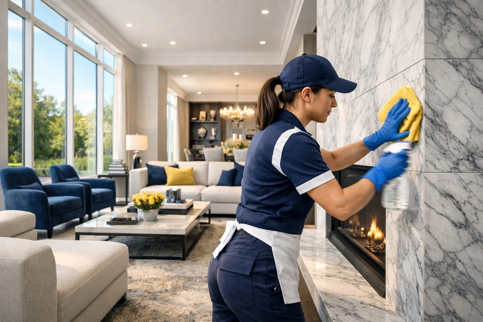 Professional cleaner detailing a luxury Dover fireplace with residential cleaning Massachusetts expertise.