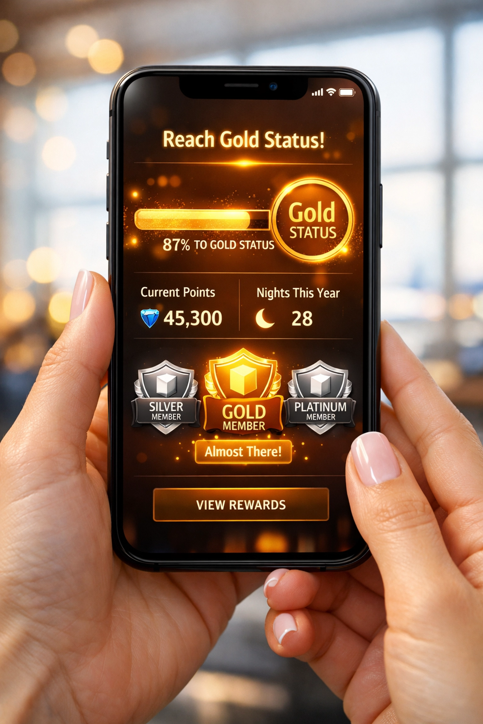 Traveler checking loyalty program app showing progress toward Gold status at airport terminal