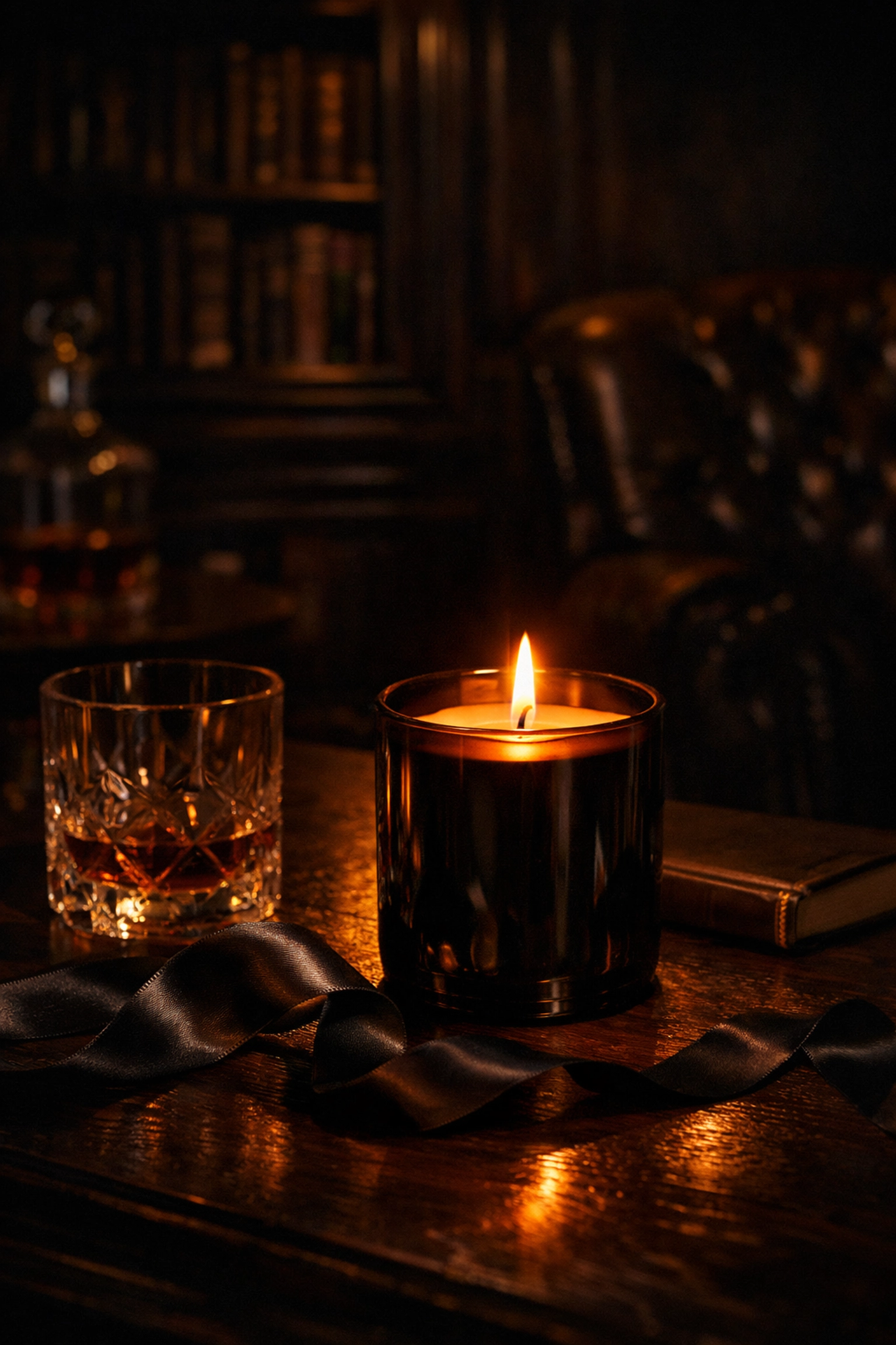 Sophisticated home fragrance: the After Dark luxury candle glowing in a moody, dark-walled library.
