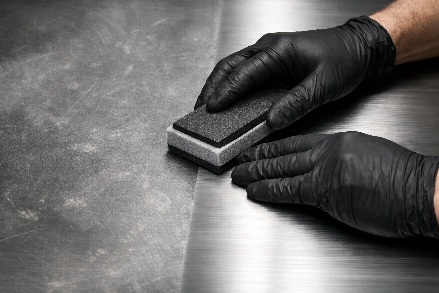 Hands professionally polishing a stainless steel surface to restore a clean brushed-satin finish.