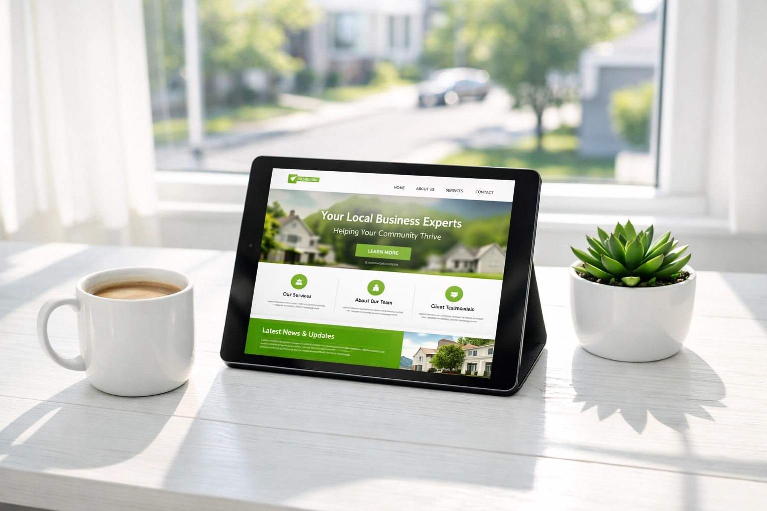 Tablet showing local business website design on a sunlit desk with a neighbourhood view.
