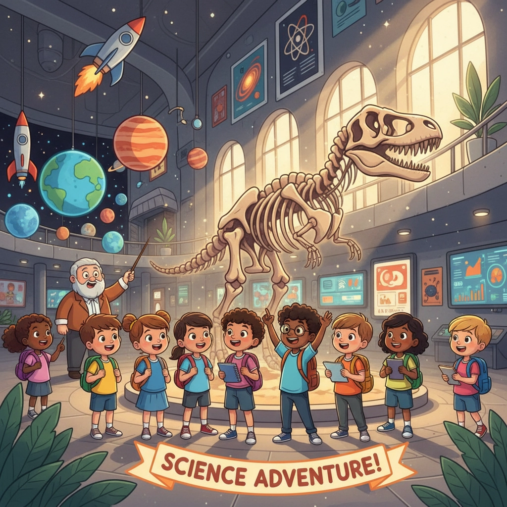 Kids with backpacks in a museum excitedly listen to a bearded guide by a T-rex skeleton. Planet models hang above. Banner reads "Science Adventure!"