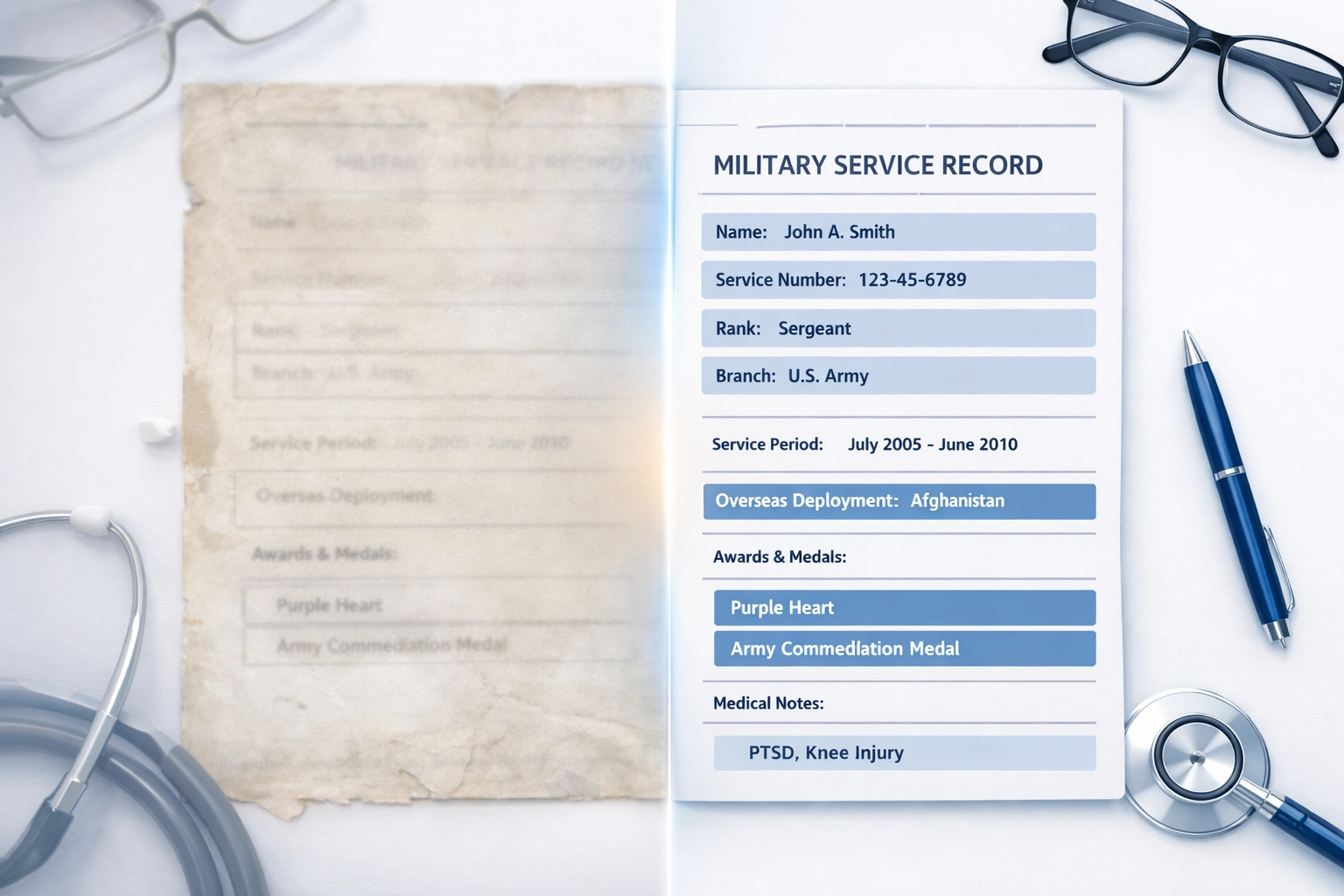 Before and after comparison showing OCR technology restoring faded veteran discharge documents