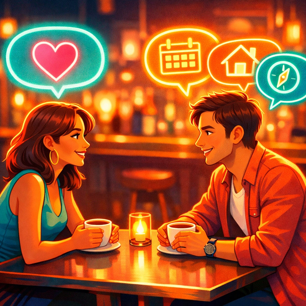 Two people communicating openly about dating intentions and relationship goals at a café