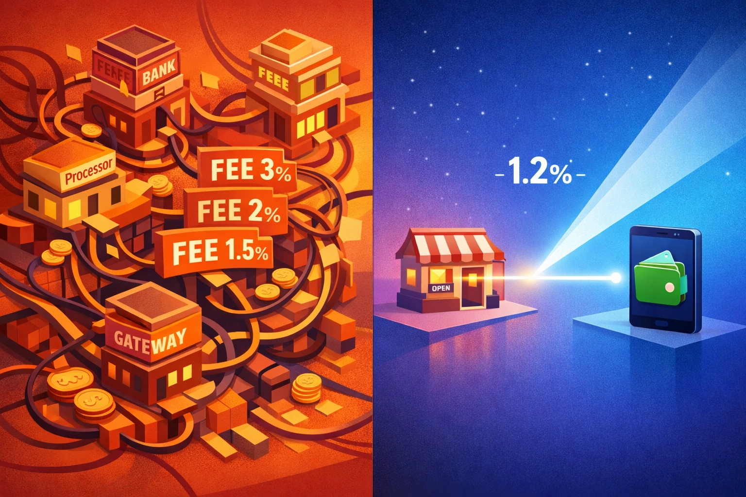 Larecoin 50% fee savings comparison vs traditional payment processors and competitors