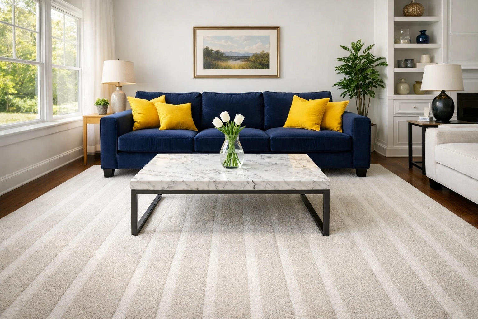 Pristine modern living room in Stow MA with straight vacuum lines and dust-free surfaces.