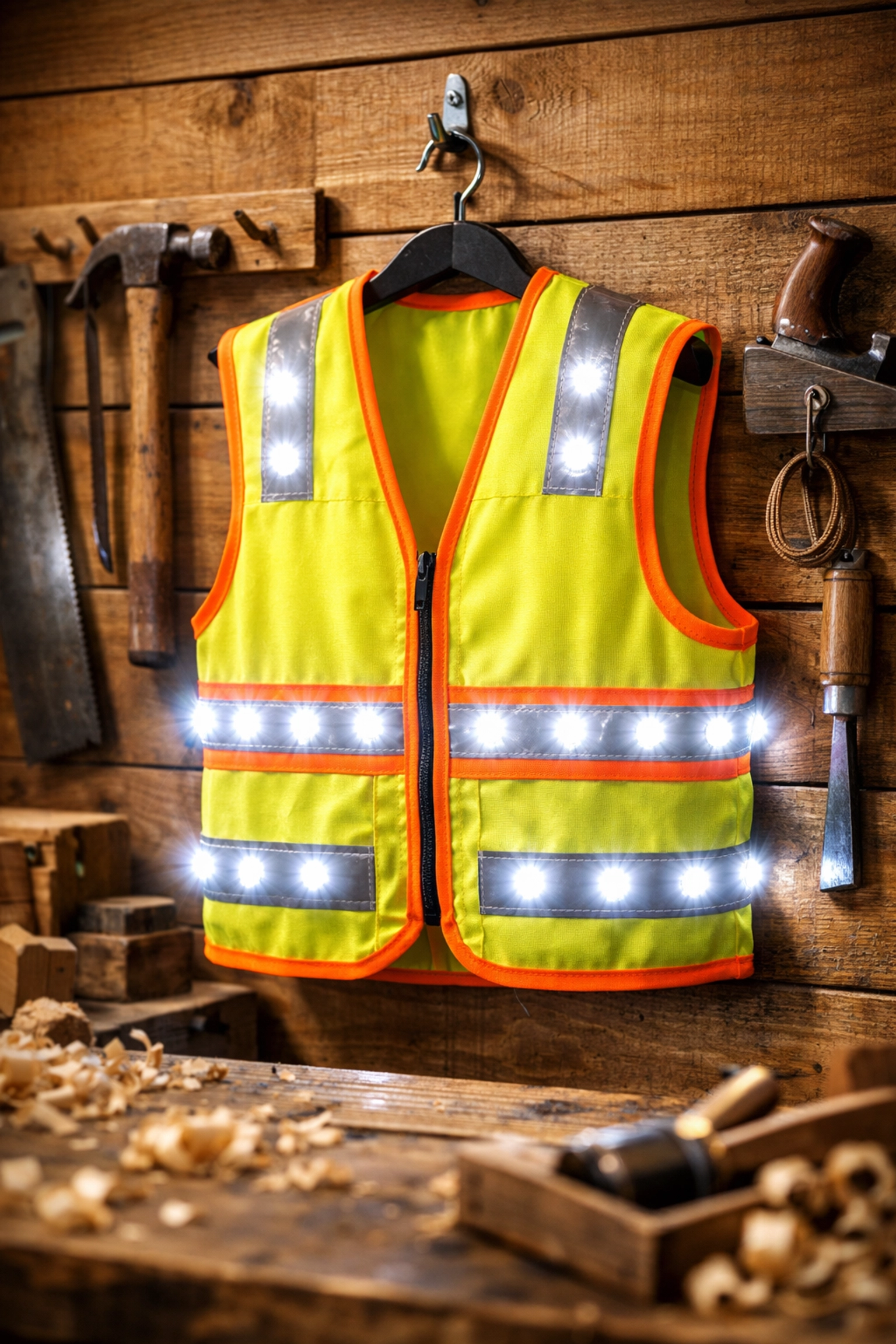 Yellow LED safety vest with white lights in a woodworking shop, showing practical visibility gear for craftsmen.