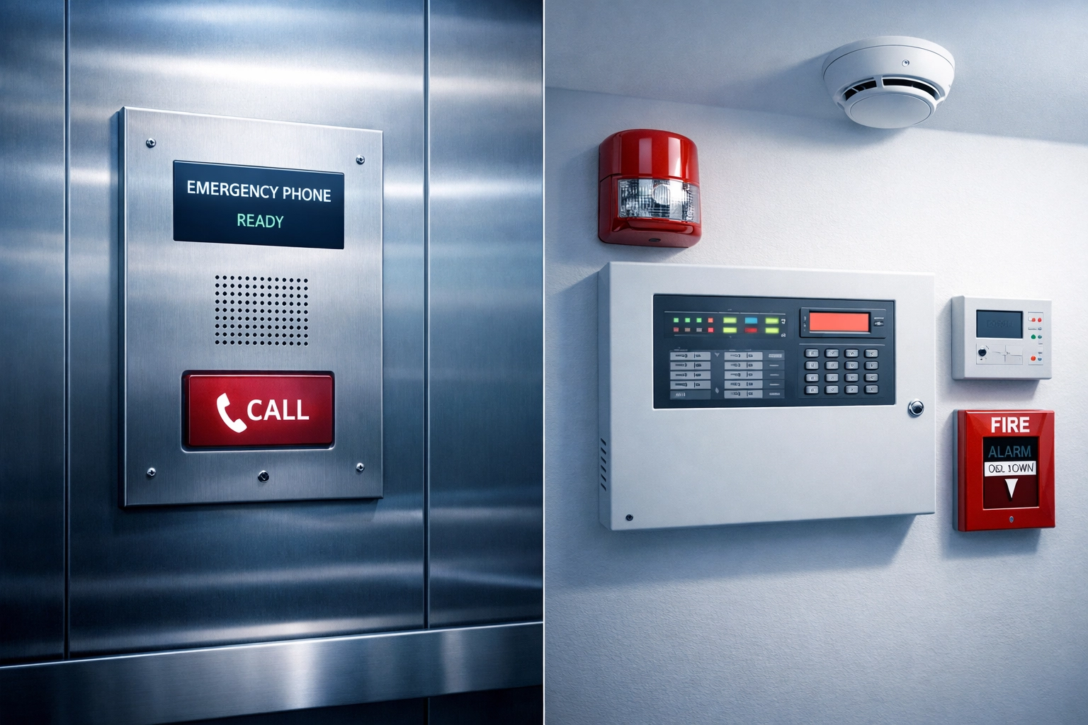 Elevator emergency phone panel and fire alarm control panel showing compliance equipment
