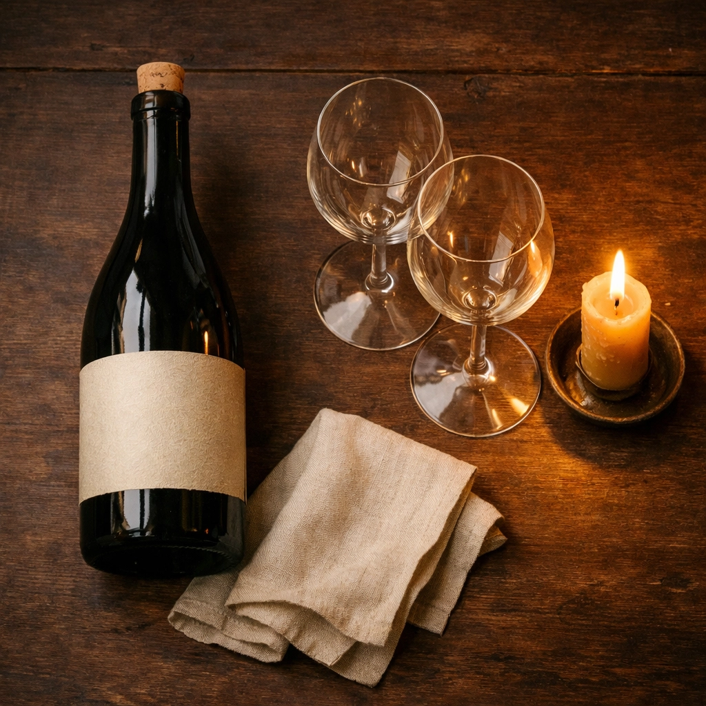 An intimate dinner setting with a bottle of artisanal wine and glasses, emphasizing quality over quantity.