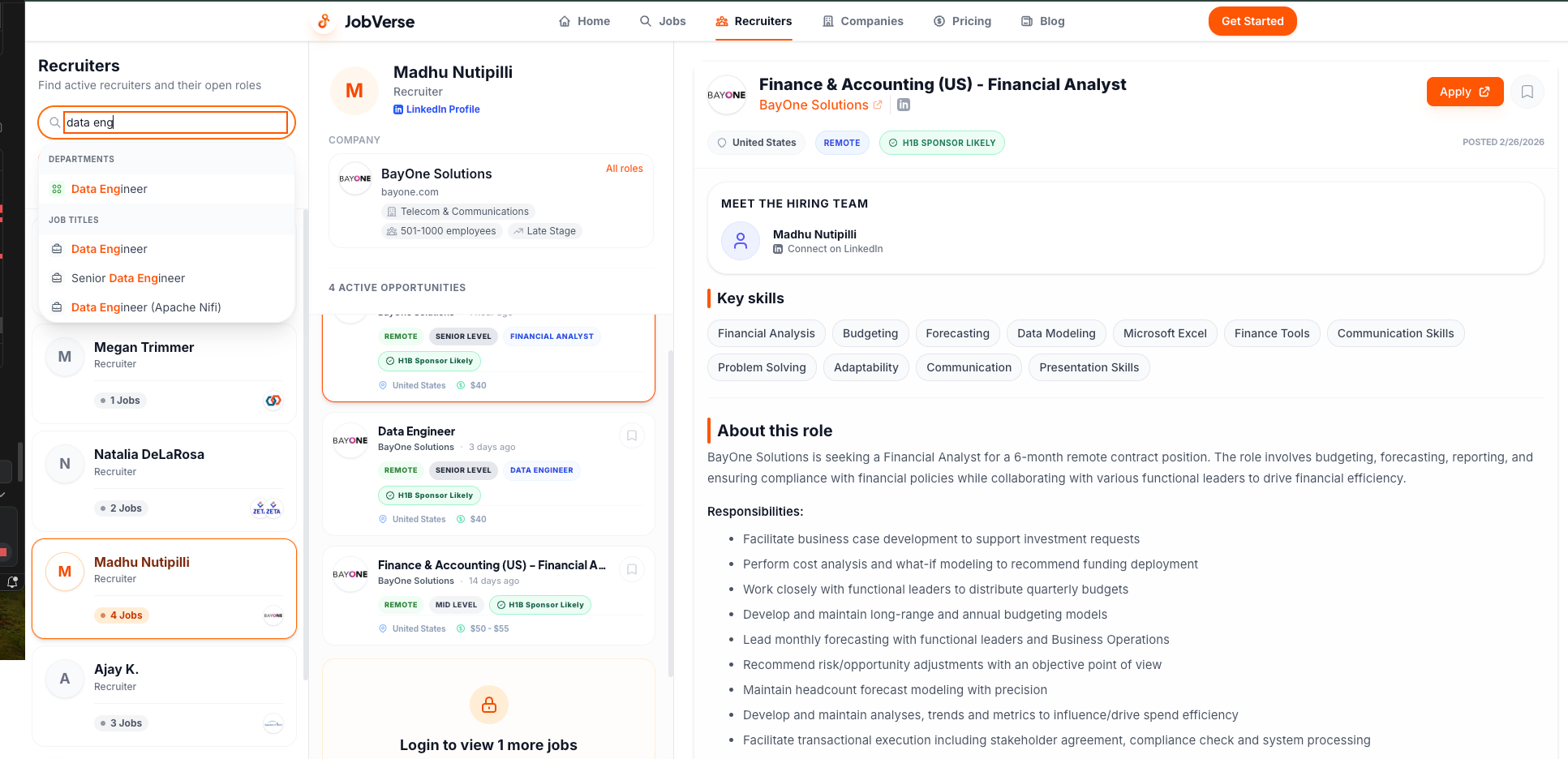 JobVerse recruiter search interface