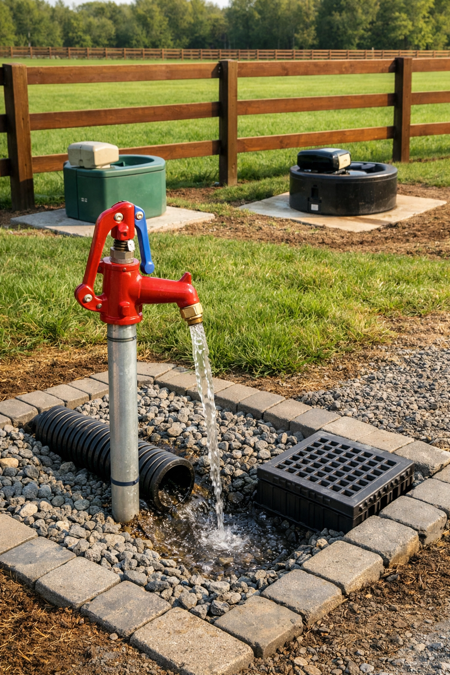 Horse farm water infrastructure with frost-free hydrants and automatic waterers