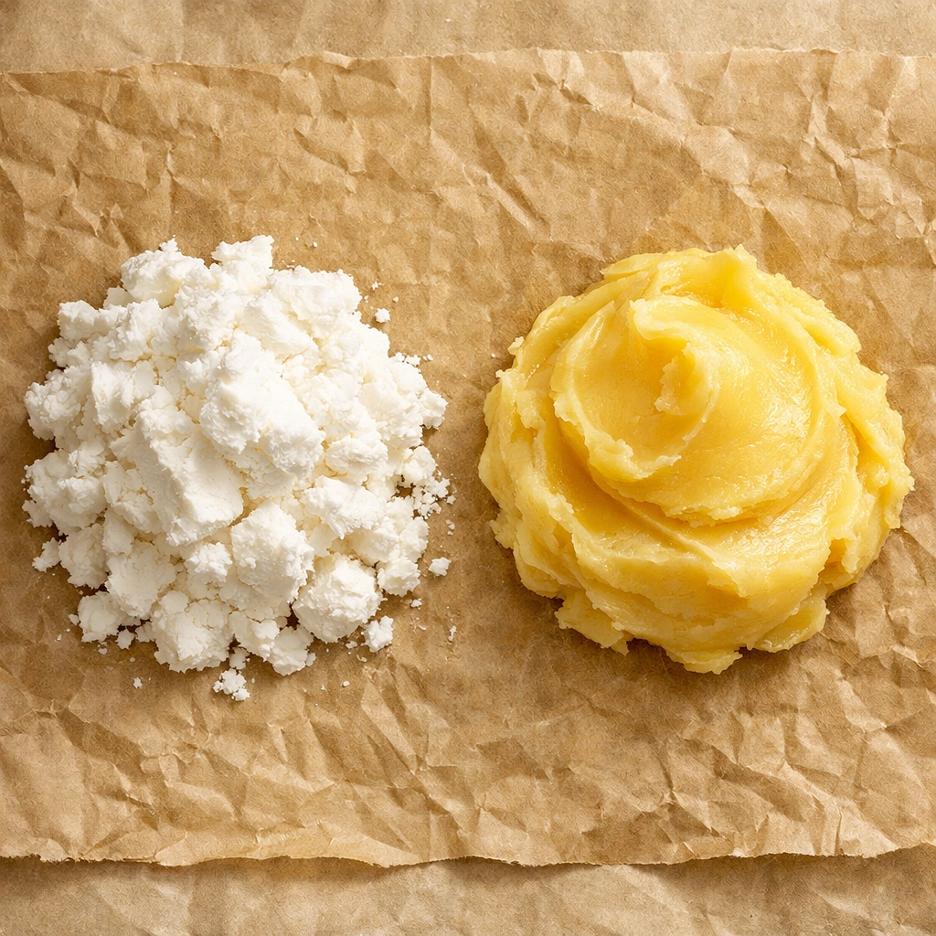Side-by-side comparison of white processed industrial tallow and golden nutrient-rich grass-fed tallow.