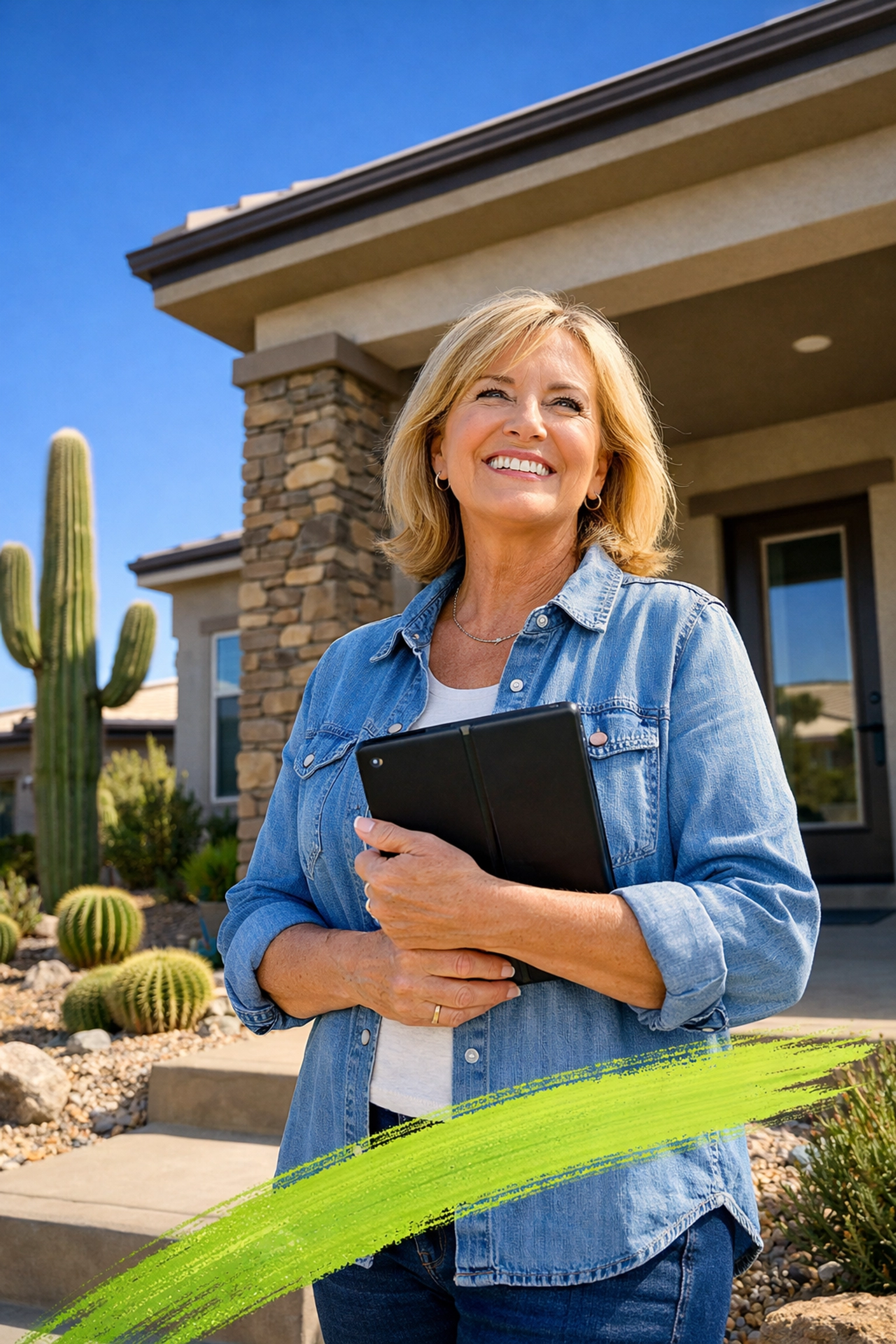 Confident woman at Arizona 55+ community home with tablet ready for next chapter