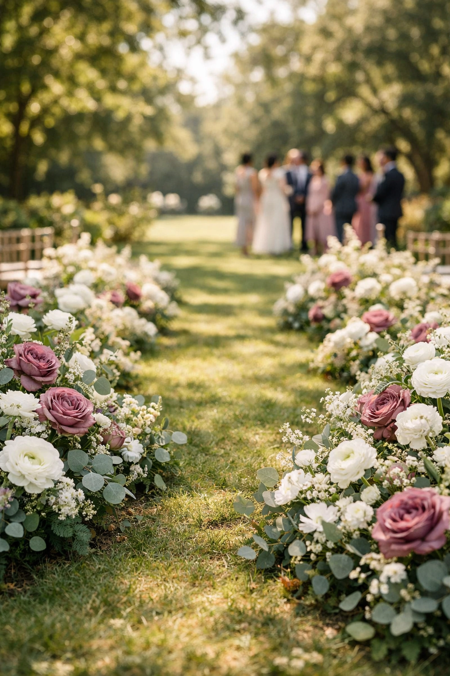 Lush meadowcore wedding aisle with sage and mauve flowers, showcasing garden wedding ideas and spring 2026 trends.