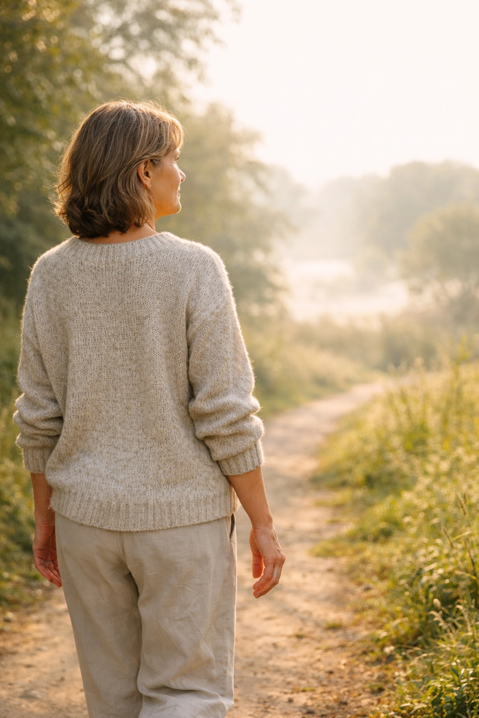 Woman walking mindfully to balance cortisol naturally and reduce perimenopause bloating every day. Woman walking mindfully to balance cortisol naturally and reduce perimenopause bloating every day.