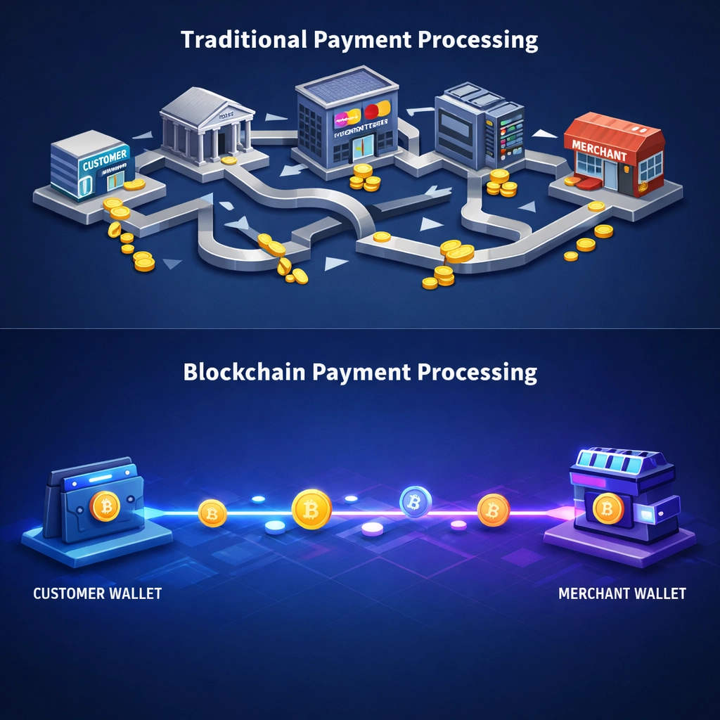 Traditional payment flow with multiple intermediaries versus direct blockchain merchant payments