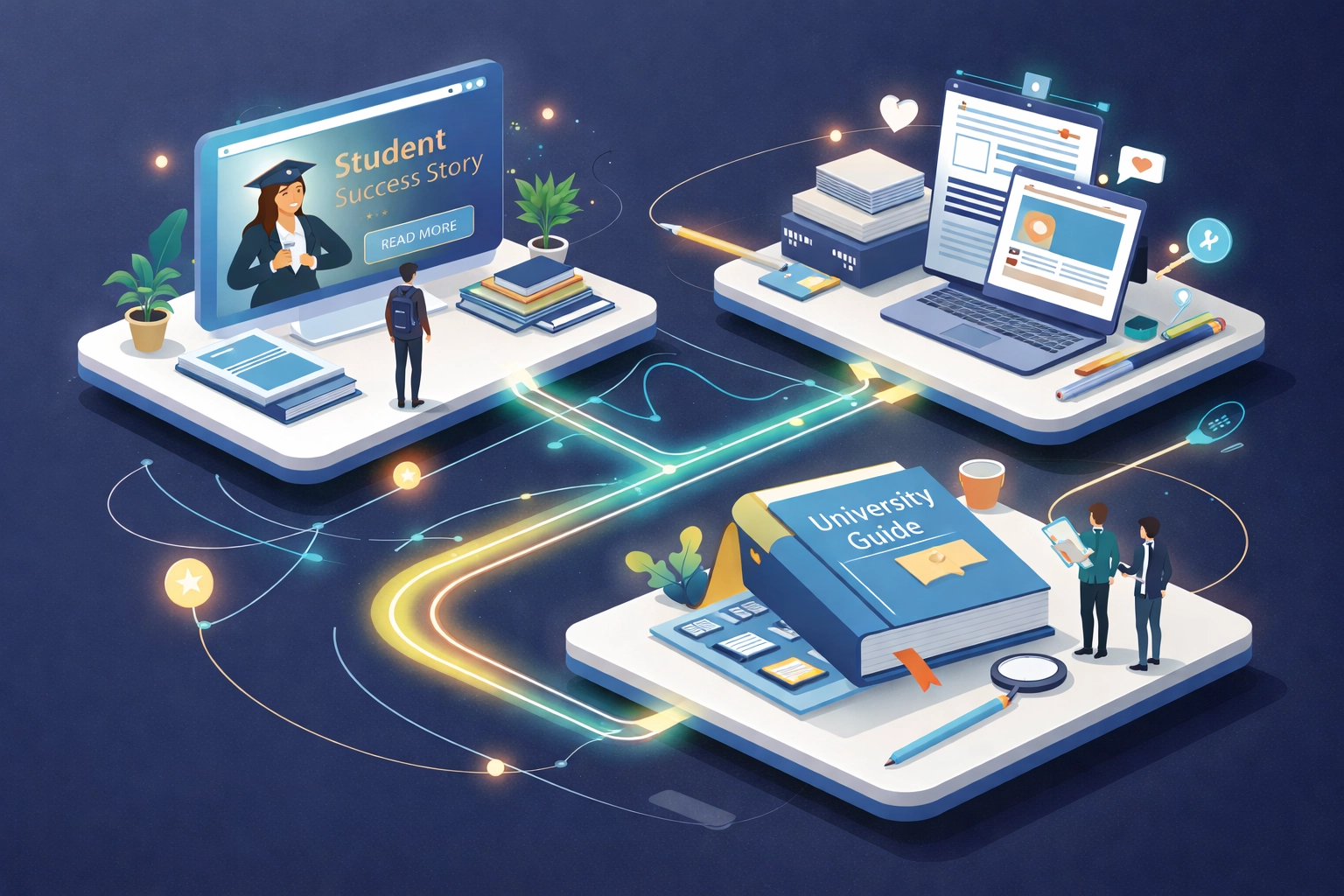 Illustration du parcours digital des étudiants avec success stories et guides universitaires, démontrant la valeur du contenu SEO pour les universités.
