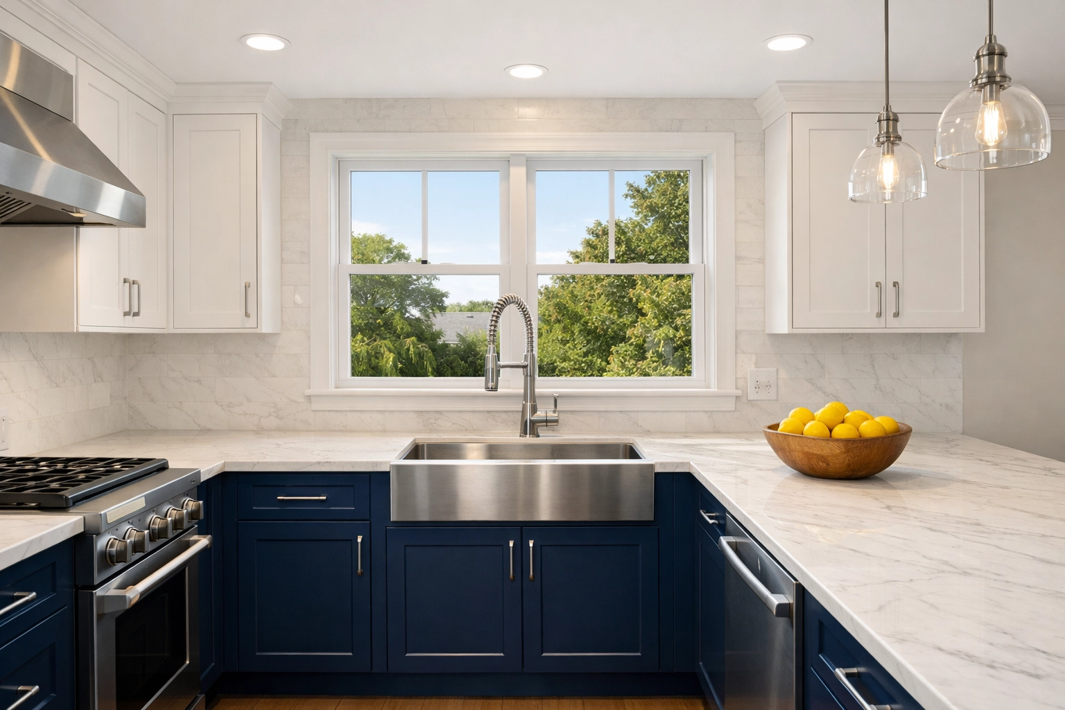 A professionally cleaned Cape Cod kitchen in South Dennis with white marble countertops and navy cabinets.