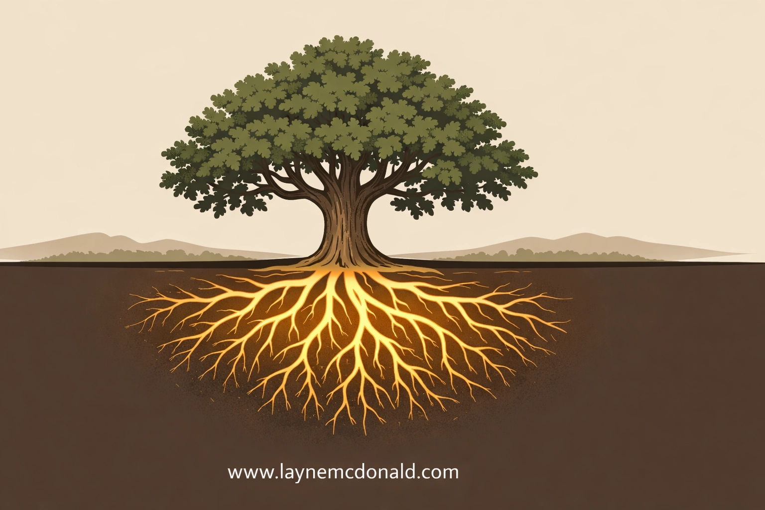 Illustration of an oak tree with glowing roots signifying a strong spiritual foundation and inner healing.