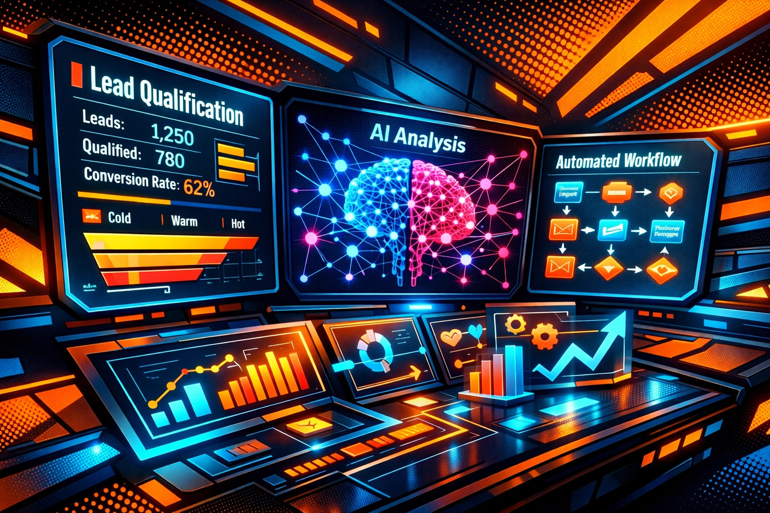AI-powered sales automation dashboard displaying lead qualification metrics and workflows