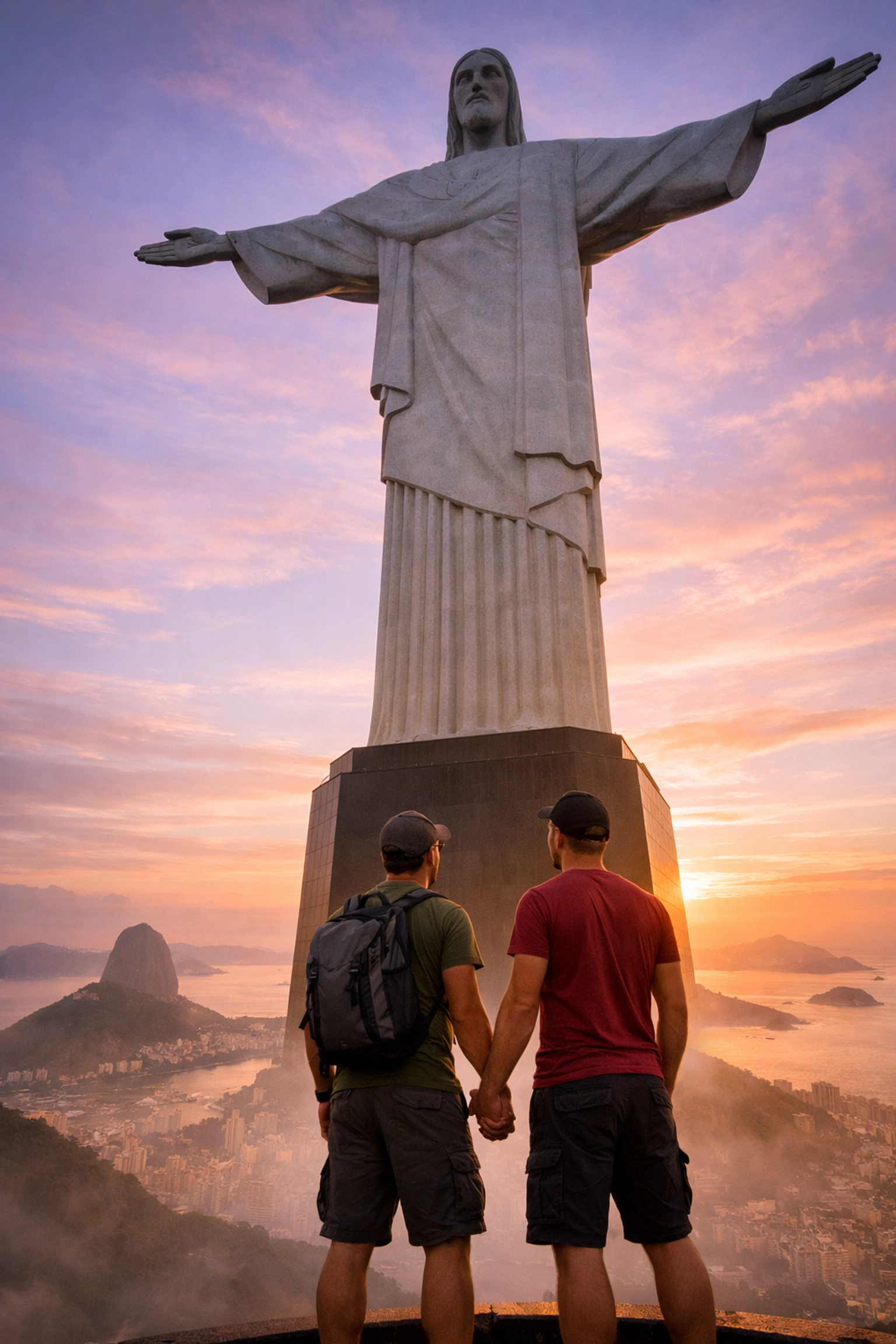 Gay couple holding hands at Christ the Redeemer statue overlooking Rio de Janeiro on honeymoon