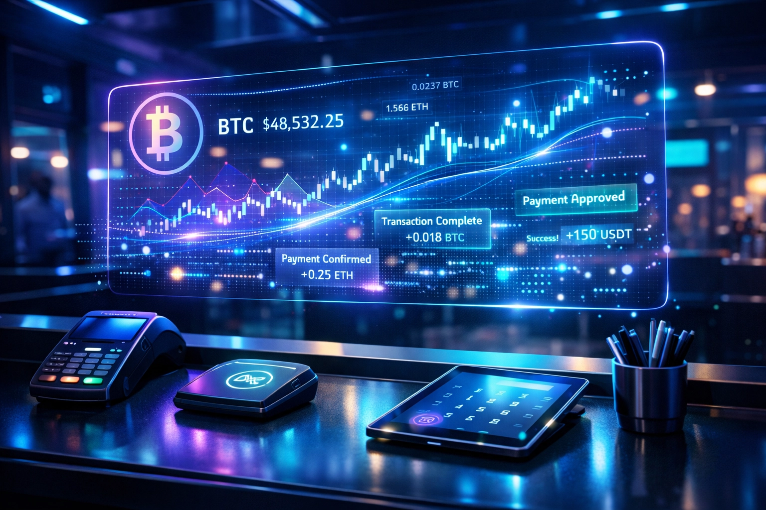 Modern crypto POS system showing real-time payment processing at small business retail counter