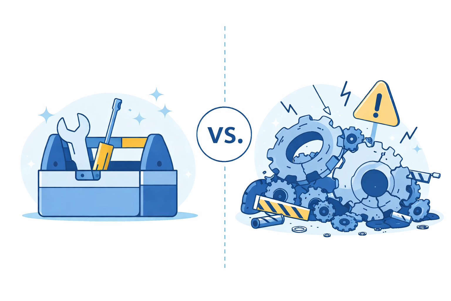 Comparison of toolbox versus broken gears highlighting how website maintenance prevents costly repairs and downtime