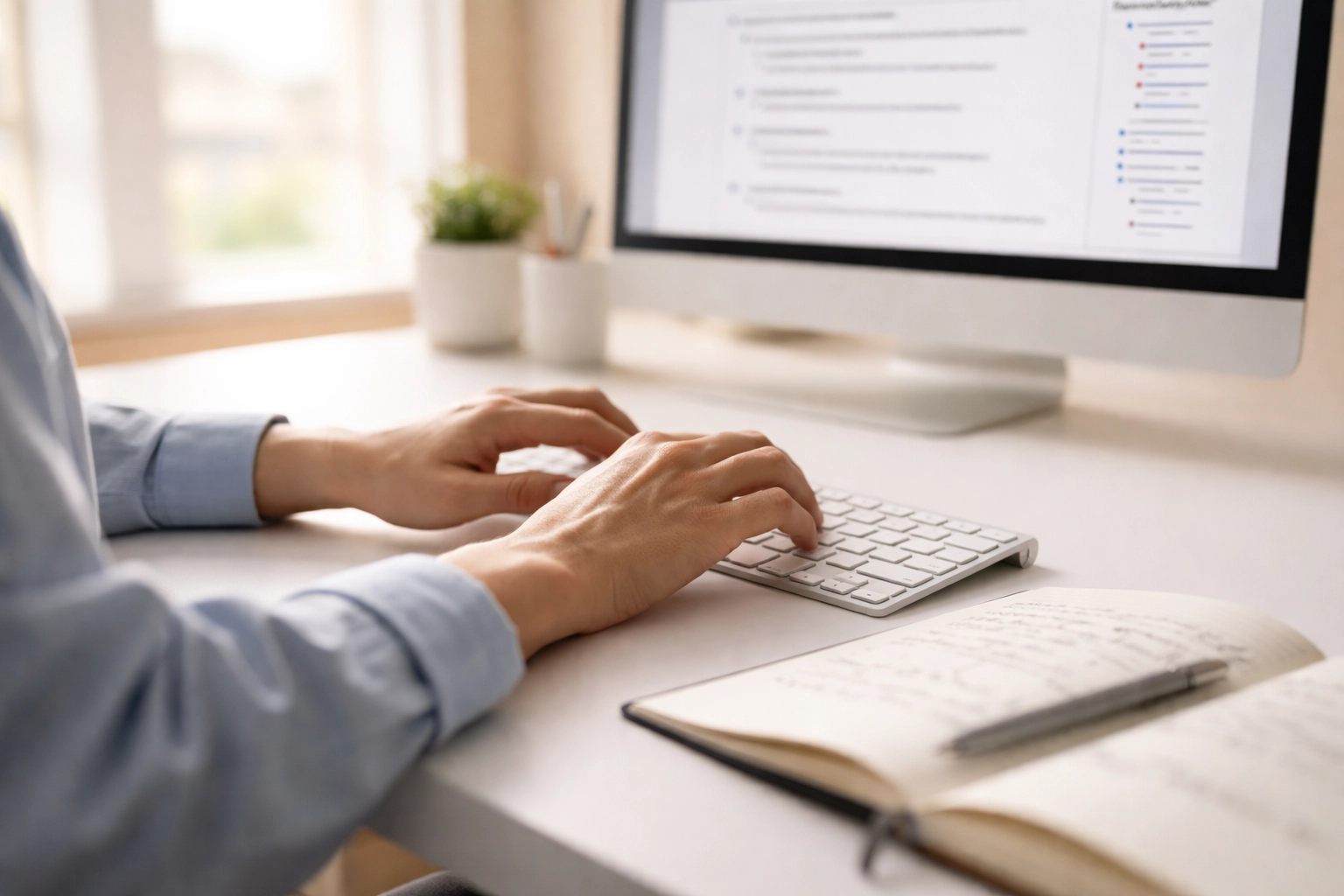 Hands typing at desktop with organized outlines, illustrating content creation and SEO checklist tasks