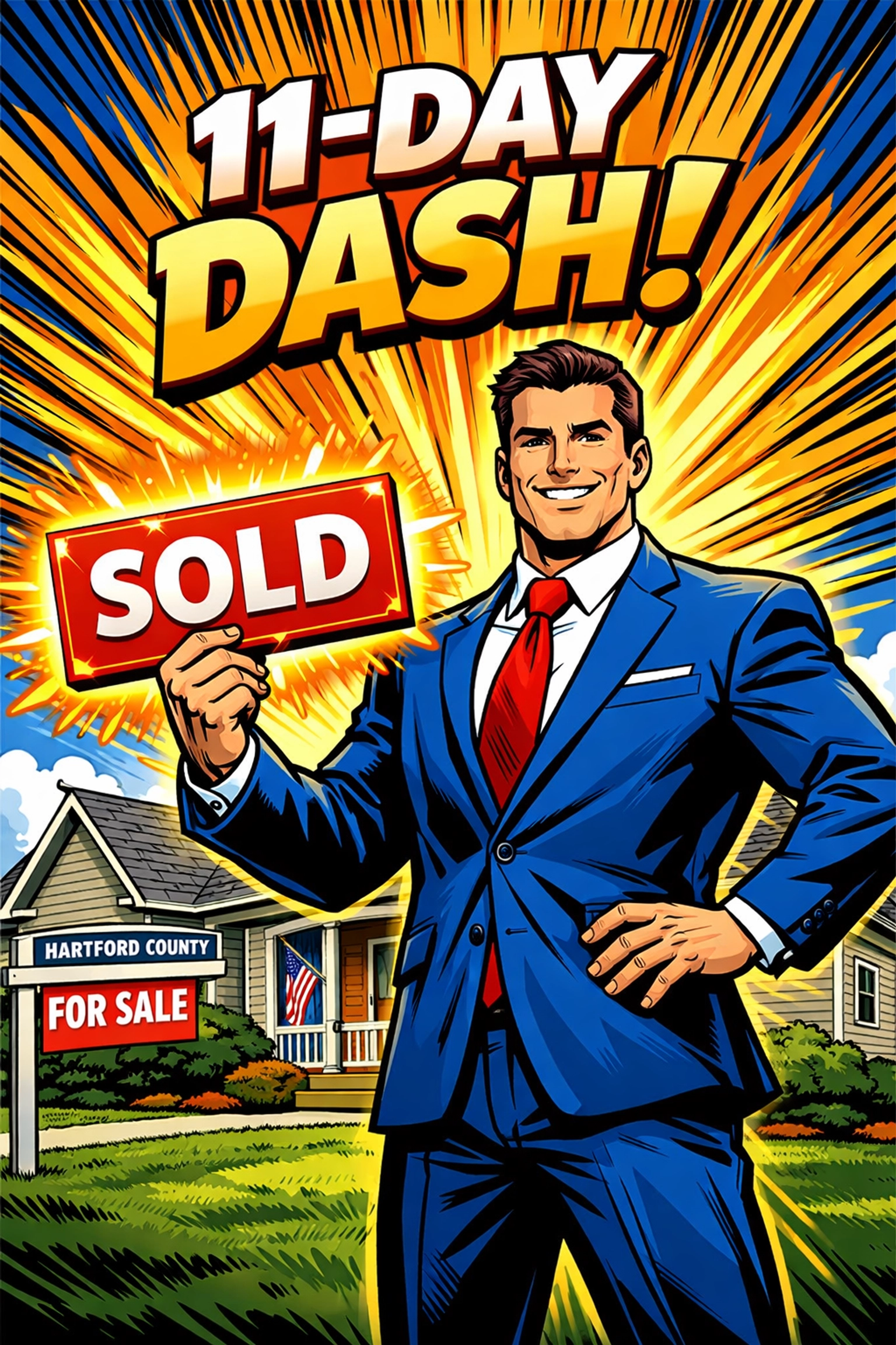 Heroic Hartford real estate agent holding a sold sign in front of a Hartford County home.